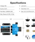 Diagram showing Boss Level High Flow 115VAC Diaphragm Water Pump With Strainer 4 GPM 45 PSI 9.8 Ft Suction 100 Ft Lift specifications