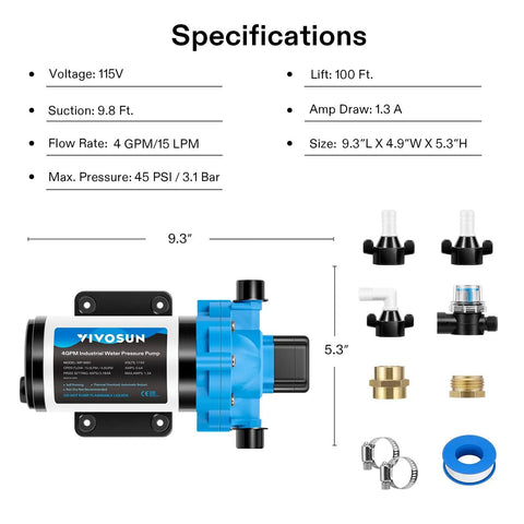 Diagram showing Boss Level High Flow 115VAC Diaphragm Water Pump With Strainer 4 GPM 45 PSI 9.8 Ft Suction 100 Ft Lift specifications