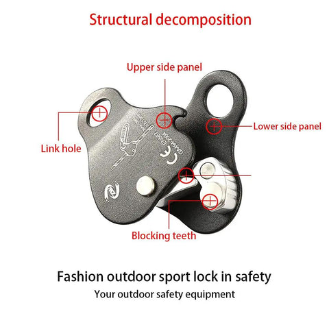 Beefy Aluminum Climbing Rope Grab Self Locking Safety Ascender with labeled structural parts for 8-13mm rope.