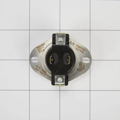 Genuine OEM Dryer Cycling Thermostat Replacement Part WP3387134 shown on grid background for size reference.