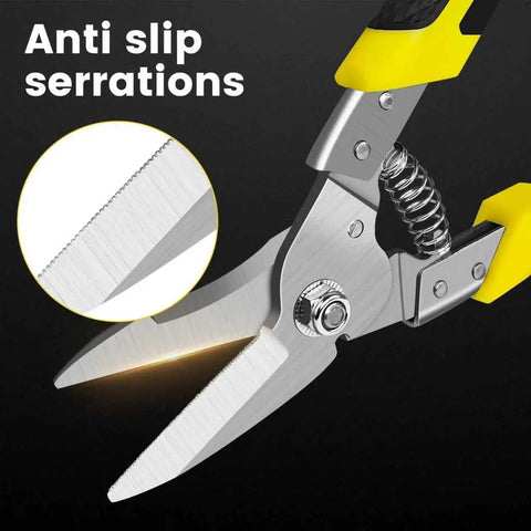 Workhorse Tin Snips Set With Straight And Curved Metal Cutter Shears Heavy Duty Stainless Steel Non Slip Serrated Blades For Quick Clean Cuts On Tin Aluminum Copper Cardboard And Roofing Metal For DIY Projects, anti-slip serrated blades close-up