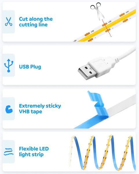 Cutting line, USB plug, VHB tape, and flexible light strip for USB COB LED Strip Lights Warm White 3000K 5V 1M 320 LEDs Per Meter.