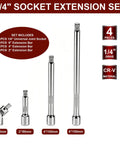 4 Piece Quarter Inch Drive Socket Extension Set With 2 Inch 4 Inch And 6 Inch Extensions And Quarter Inch Drive Universal Joint Sockets, Chrome Vanadium Steel Build for heavy-duty wrench and ratchet extender, showing individual extensions.