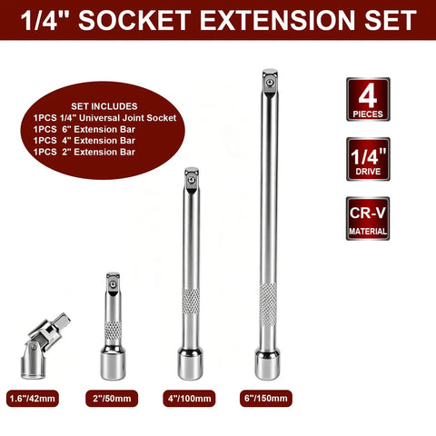 4 Piece Quarter Inch Drive Socket Extension Set With 2 Inch 4 Inch And 6 Inch Extensions And Quarter Inch Drive Universal Joint Sockets, Chrome Vanadium Steel Build for heavy-duty wrench and ratchet extender, showing individual extensions.