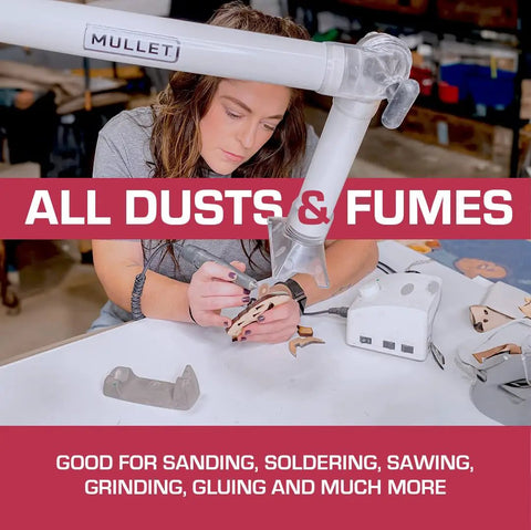 Woman working with Third Hand Dust Collection Boom Arm for Workbench Mount with On Demand Fume Extraction in tight workspace.