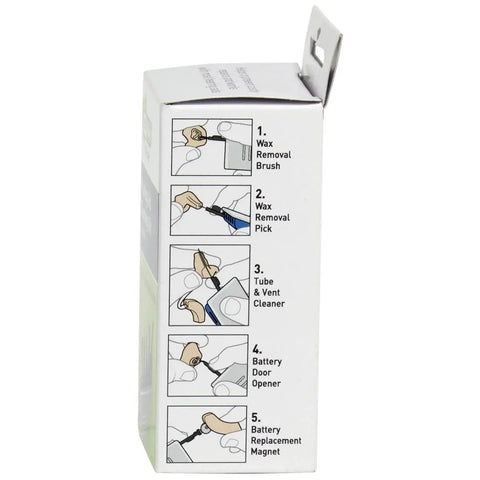 Diagram showing 5 In 1 Hearing Aid Cleaning Kit For Home Or Travel No Fuss Easy Grip 5 Piece Tools Set In A Tiny BPA Free Case