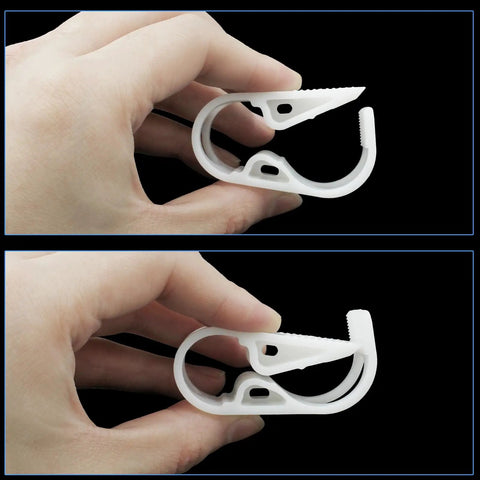 Adjustable 1/2 To 5/8 Inch Plastic Tubing Clamps, 5 Pack Peg Tube Clips, white, held between fingers, lab style pinch valve look.