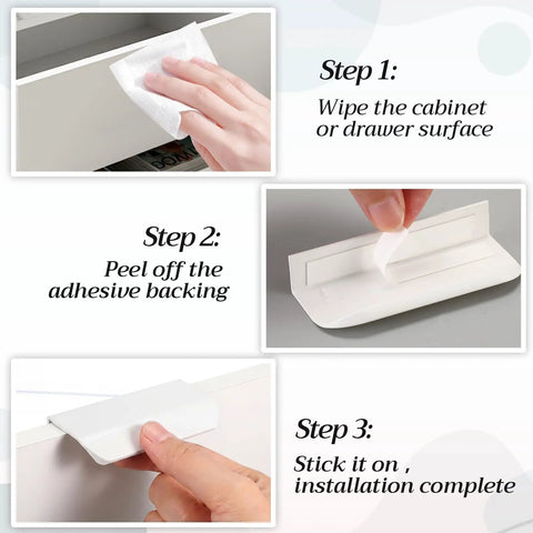 Installation steps for No Drill Self Adhesive Finger Pulls For Cabinets, 20 Pack, 3.15 Inch White, Peel And Stick Edge Drawer Pulls.