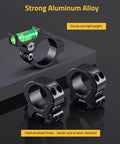 Scope Level With 30mm Scope Rings Kit For Picatinny Rails Anti Cant Bubble Level on display, aluminum alloy material.