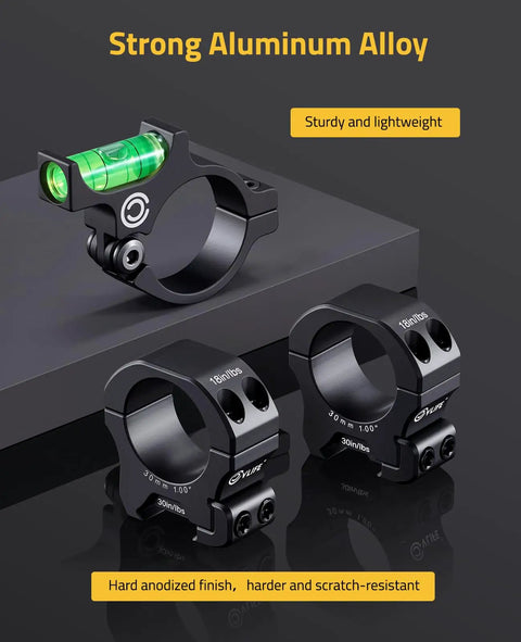 Scope Level With 30mm Scope Rings Kit For Picatinny Rails Anti Cant Bubble Level on display, aluminum alloy material.