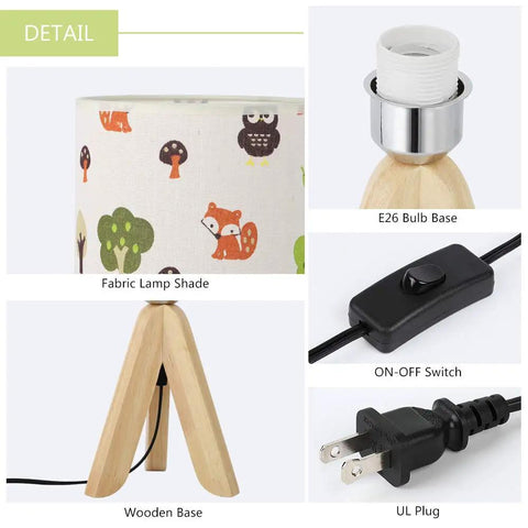Details of Tripod Table Lamp For Kids Bedroom Nightstand With Kid Friendly Cartoon Linen Lampshade, Wood Tripod Base