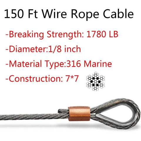 150 ft wire rope cable with details of breaking strength, diameter, material type, and construction alongside cable loop.