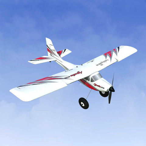 Trainer Edition RC Flight Simulator With SLT6 Controller RFL1211, white and red trainer plane in flight with clear sky backdrop.