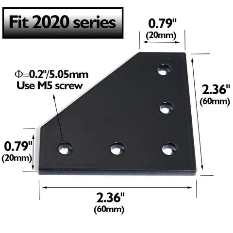 Diagram of 10 Piece L Shape Corner Brackets For 20x20 Aluminum Profiles 60x60x4mm showing dimensions and screw size