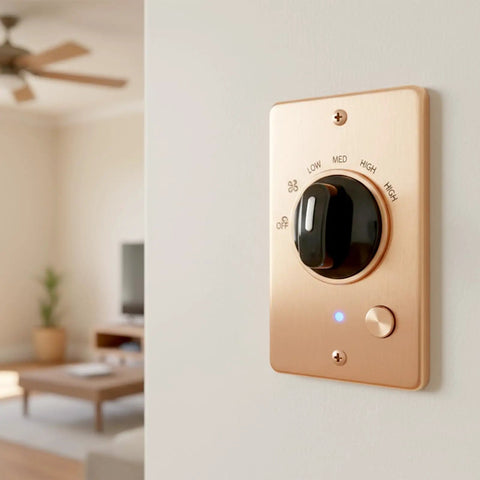 Two Pack Four Position Rotary Switch With Knob For Heaters And Fans installed on a wall in a living room.