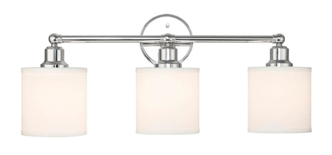 Chrome 3 Light Vanity Wall Light With Fabric Drum Shade, Hardwired Bathroom Fixture, Modern Up or Down Mount Bath Light