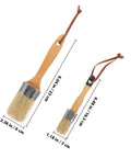 Two Piece Oval Wood Handle Paint Brush Set With Synthetic Bristles For Deck Stain And Wall Paint shown with size measurements.