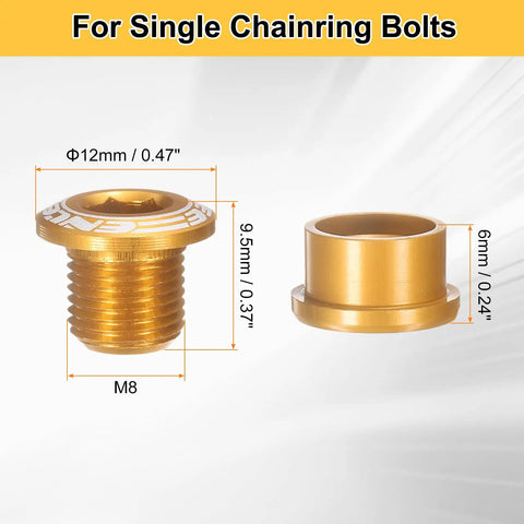 Five Piece M8 Aluminum Chainring Bolts Set For Bicycle Crankset Nuts And Chainwheel Screws For Road And Mountain Bikes Black Color Upgrade For Secure Threads And Smooth Shifts, gold chainring bolt dimensions shown.