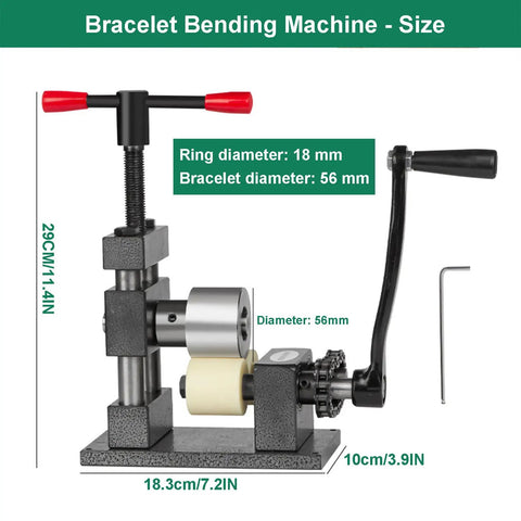 Adjustable Ring And Bracelet Bender Machine With Stainless Steel Rolling Mill For Crafting Spoon Rings And Custom Jewelry Gear, size details visible.