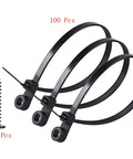 Black 5.9 Inch Nylon Zip Ties With Screw Holes Kit showing 100 zip ties and 100 M4 x 12 stainless steel screws for daily fastening.