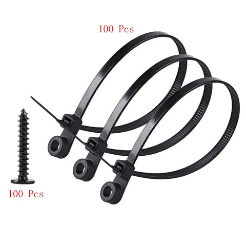 Black 5.9 Inch Nylon Zip Ties With Screw Holes Kit showing 100 zip ties and 100 M4 x 12 stainless steel screws for daily fastening.
