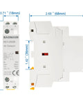 110V AC 2-Pole Modular Contactor With 2NO Normally Open Contacts, Beefy 25A Rating, DIN Rail Mount, dimensions labeled