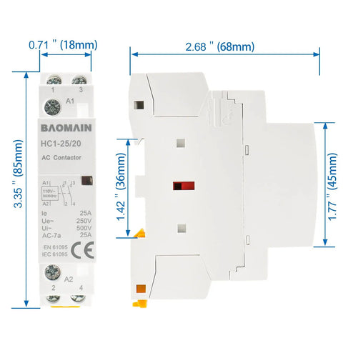 110V AC 2-Pole Modular Contactor With 2NO Normally Open Contacts, Beefy 25A Rating, DIN Rail Mount, dimensions labeled