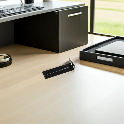 Rock Solid Under Desk Keyboard Drawer Slide Bracket featuring legit secure fit, black steel material on a minimal desk.