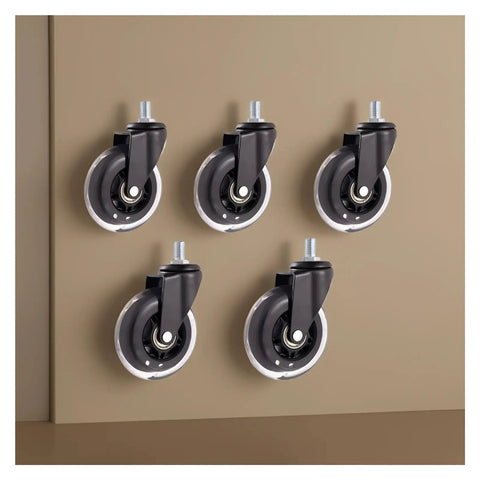 Caster Wheels 3 Inch PU Roller Set With M6 M8 M10 Screw Mounts 5 Piece Replacement Kit mounted on a board