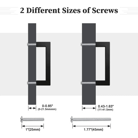 Diagram showing screw sizes for Six Pack Matte Black Stainless Steel Square Cabinet Pulls For Kitchen Cabinets