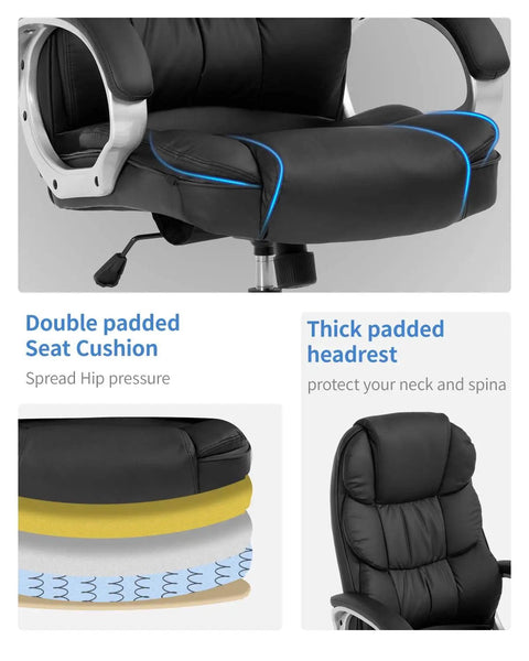 Ergonomic High Back Office Chair With Lumbar Support, Adjustable Desk Chair In PU Leather featuring double seat cushioning and headrest