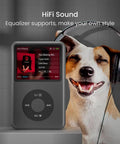 Bluetooth MP3 Player With 128GB Storage Portable Music Player next to a smiling dog wearing headphones, displaying Taylor Swift song.