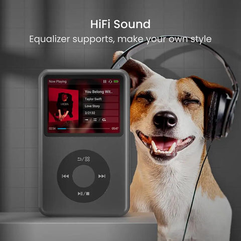 Bluetooth MP3 Player With 128GB Storage Portable Music Player next to a smiling dog wearing headphones, displaying Taylor Swift song.