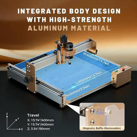 Pro Desktop CNC Router for Hobbyists and Pros with 3 Axis Control shown with dimensions and aluminum material