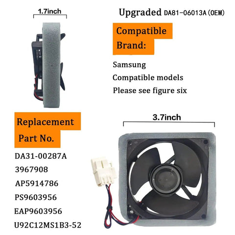 Upgraded OEM Refrigerator Evaporator Fan Motor For Compatible Models RF28HMEDBSR AA RF28HFEDTSR AA RF26HFENDSL AA part view