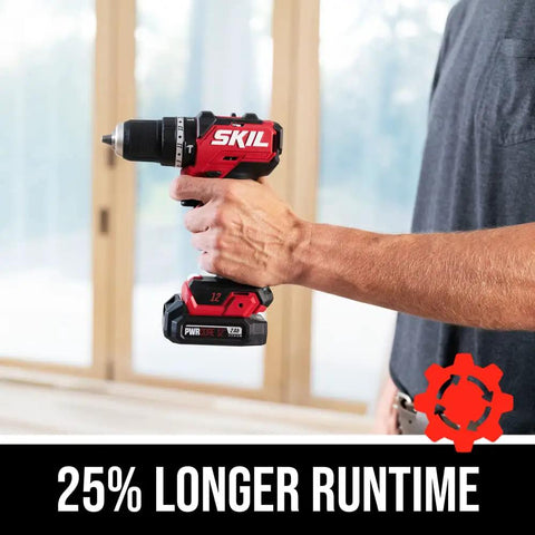 Man holding Compact Brushless Hammer Drill Kit With 12V Power Core, 1/2 Inch Keyless Chuck, showing design and extended runtime
