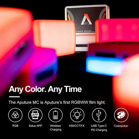 Amaran MC RGBWW Mini On Camera Light With 3200K To 6500K CCT CRI TLCI 96 HSI Color Control, with colorful light in dark setting