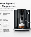 Straight Up Game Changing Automatic Espresso Machine With 2.8 Inch Color Display And Easy Cappuccino Function In Piano Black showcasing cappuccino preparation.