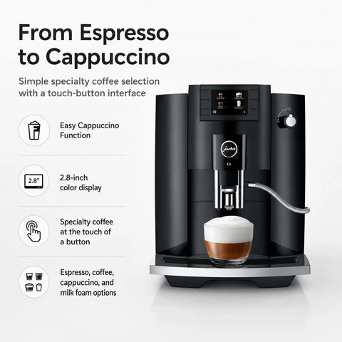 Straight Up Game Changing Automatic Espresso Machine With 2.8 Inch Color Display And Easy Cappuccino Function In Piano Black showcasing cappuccino preparation.