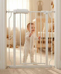 Narrow Baby Gate For Small Dogs 24 Inch White Pressure Mounted Indoor Safety Auto Close Walk Through Metal Gate with child.