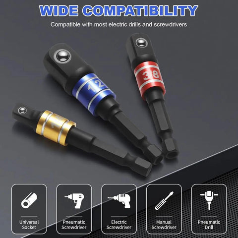 Heavy Duty 3 Piece Impact Socket Adapter Set With One Quarter Inch Hex Shank Chrome Vanadium Steel Drill Extension Includes One Quarter Inch Three Eighth Inch And One Half Inch Drive Adapters With Storage Holder Workhorse displayed with color rings