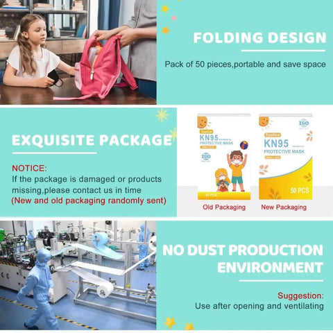 Packaging and folding details of Colorful KN95 Disposable Face Masks For Children Pack Of 50, with factory and product images.