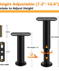 Top Shelf Four Pack Adjustable Bed Support Legs With Hefty Carbon Steel Replacement Frame Feet Featuring Silent Rubber Pads For Knockout Floor Guard And Straight Up Quick Height Tweaks On Any Bed Frame, showing adjustable heights from 7.3" to 12.6".