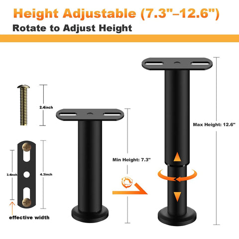 Top Shelf Four Pack Adjustable Bed Support Legs With Hefty Carbon Steel Replacement Frame Feet Featuring Silent Rubber Pads For Knockout Floor Guard And Straight Up Quick Height Tweaks On Any Bed Frame, showing adjustable heights from 7.3" to 12.6".