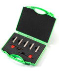 Front view YUFUTOL mini indexable lathe turning tool set in lime-green case; five nickel-plated carbide tools.