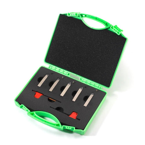 Front view YUFUTOL mini indexable lathe turning tool set in lime-green case; five nickel-plated carbide tools.