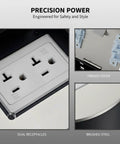 Top Shelf Recessed Floor Outlet With Six Hole Stainless Steel Round Hidden Electrical Box And Splash Proof Cover showing dual receptacles and hinged cover.