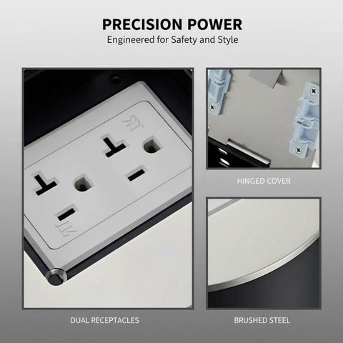 Heavy Duty Stainless Steel Recessed Floor Outlet Splash Proof Lid Badass 20A Hidden Power Socket shown with dual receptacles and hinged cover.