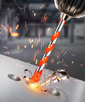 Triangular Tungsten Steel Drill Bit Featuring A Threaded Shank To Knock Out Clean Holes Through Concrete Marble Hardwood And Drywall in action on metal.