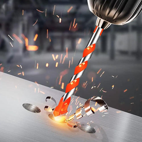 Triangular Tungsten Steel Drill Bit Featuring A Threaded Shank To Knock Out Clean Holes Through Concrete Marble Hardwood And Drywall in action on metal.